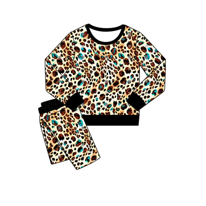 Preorder(moq 5) Baby Girls Leopard Turquoises Pants Western Pajamas Sets 11.8