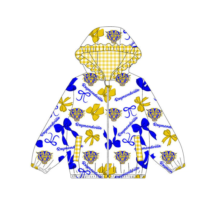 Preorder(moq 5)Baby Girls Blue Gold Bows Raymondville Pockets Zipper Team Ruffle Hoodies Jackets 10.13