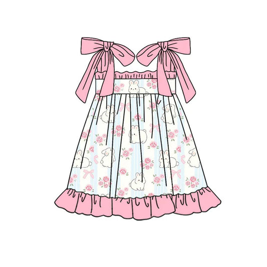 Preorder(moq 5) Baby Girls Pink Strap Flowers Rabbits Easter Ruffle Knee Length Dresses 10.21