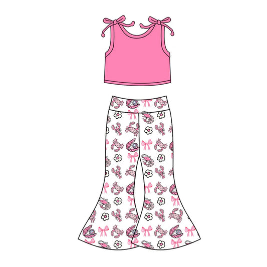 Preorder(moq 5)Baby Girls Pink Top Bows Crab Flowers Bell Bottom Pants Clothes Sets 12.16