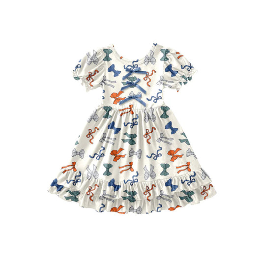 Preorder (moq 5)Baby Girls Red Blue Bows 4th of July Ruffle Knee Length Dresses 12.27