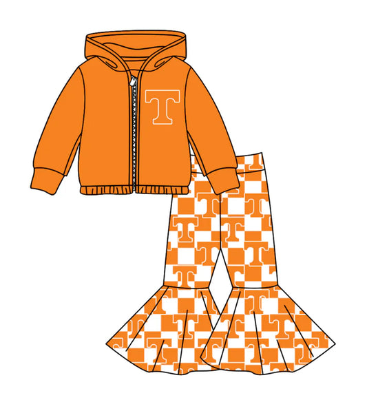 Preorder(moq 5) Baby Girls Orange T Zipper Hoodie Jacket Bell Bottom Pants Team Clothes Sets 11.4