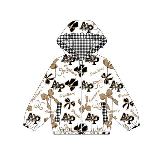 Preorder(moq 5)Baby Girls Black Khaki Bows AP Panthers Pockets Zipper Team Ruffle Hoodies Jackets 10.13