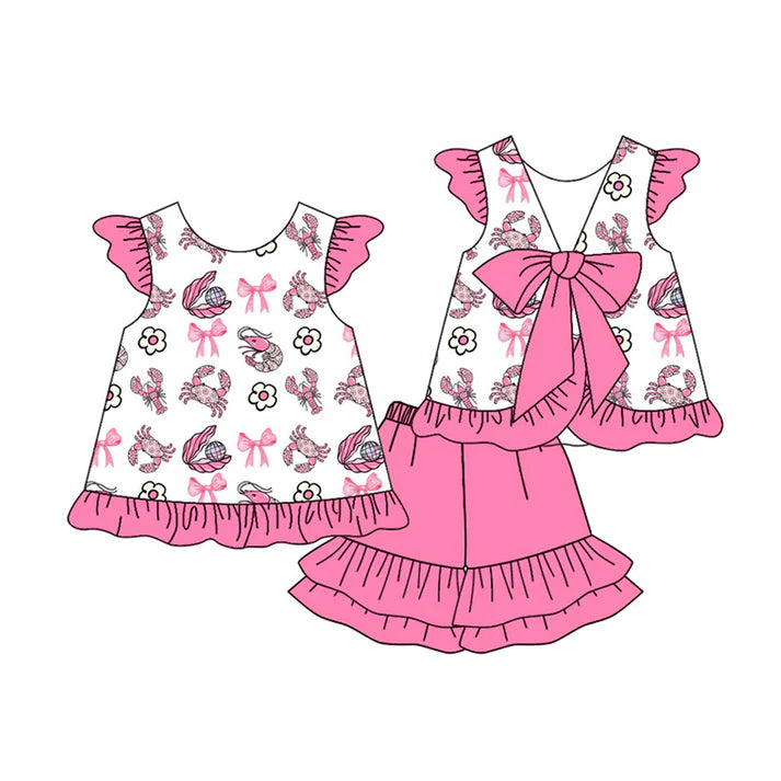 Preorder (moq 5)Baby Girls Crabs Flowers Back Bows Tunic Ruffle Short Clothes Sets 12.16