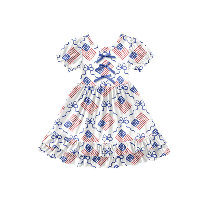 Preorder (moq 5)Baby Girls Bows Flags 4th of July Ruffle Knee Length Dresses 12.27