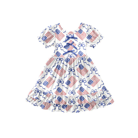 Preorder (moq 5)Baby Girls Bows Flags 4th of July Ruffle Knee Length Dresses 12.27