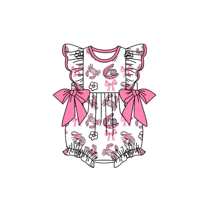 Preorder (moq 5)Baby Girls Flutter Sleeve Crabs Bows Flowers Ruffle Rompers 12.16
