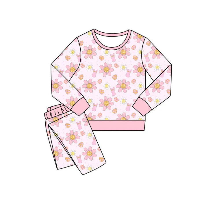 Preorder(moq 5) Baby Girls Flowers Rabbits Pants Easter Pajamas Sets 11.10