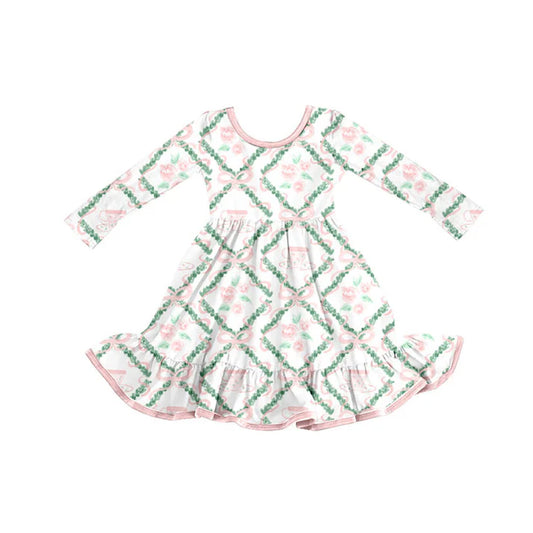 Preorder(moq 5) Baby Girls Pink Bows Flowers Checked Ruffle Knee Length Dresses 10.23