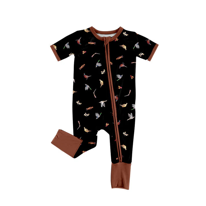 Preorder (moq 5)Baby Boys Short Sleeve Colorful Birds Western Two Way Zip Convertible Rompers 12.18