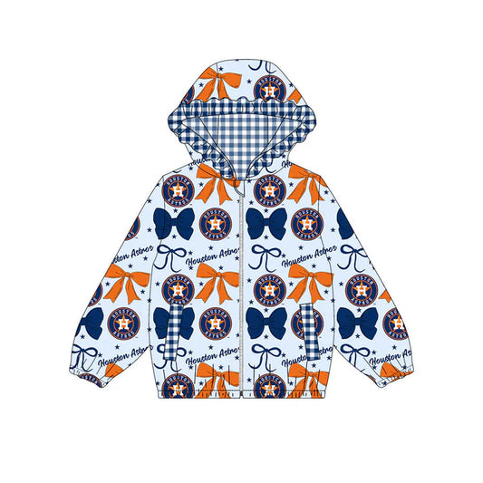 Preorder(moq 5)Baby Girls Blue Orange Bows H Houston Pockets Zipper Team Ruffle Hoodies Jackets 10.13