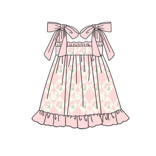 Preorder(moq 5) Baby Girls Pink Strap Flowers Rabbits Easter Ruffle Knee Length Dresses 10.21