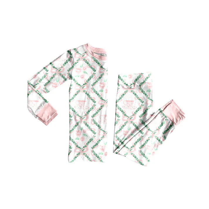 Preorder(moq 5) Baby Girls Pink Bows Flowers Checked Top Pants Pajamas Set 10.23