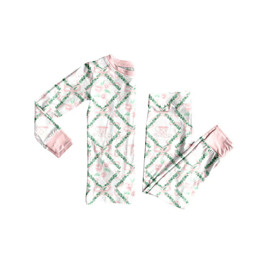 Preorder(moq 5) Baby Girls Pink Bows Flowers Checked Top Pants Pajamas Set 10.23