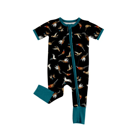 Preorder (moq 5)Baby Boys Short Sleeve Colorful Birds Western Two Way Zip Convertible Rompers 12.18