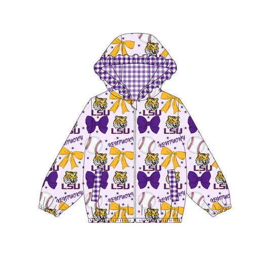 Preorder(moq 5)Baby Girls Purple Yellow Bows LSU Tigers Pockets Zipper Team Ruffle Hoodies Jackets 10.13