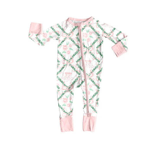 Preorder (moq 5)Baby Girls Pink Bows Flowers Zipper Footie Rompers 10.23