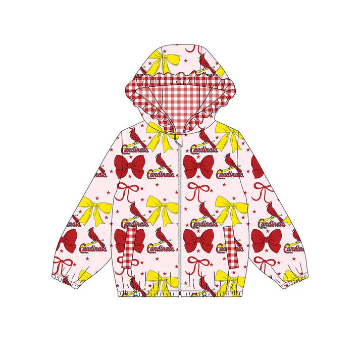 Preorder(moq 5)Baby Girls Red Yellow Bows Cardinals Pockets Zipper Team Ruffle Hoodies Jackets 10.13