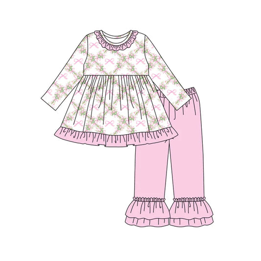 Preorder(moq 5) Baby Girls Long Sleeves Pink Bows Flowers Plaid Tunic Ruffle Pants Set 7.24