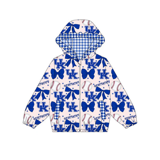 Preorder(moq 5)Baby Girls Hot Blue Bows UK Kentucky Pockets Zipper Team Ruffle Hoodies Jackets 10.13