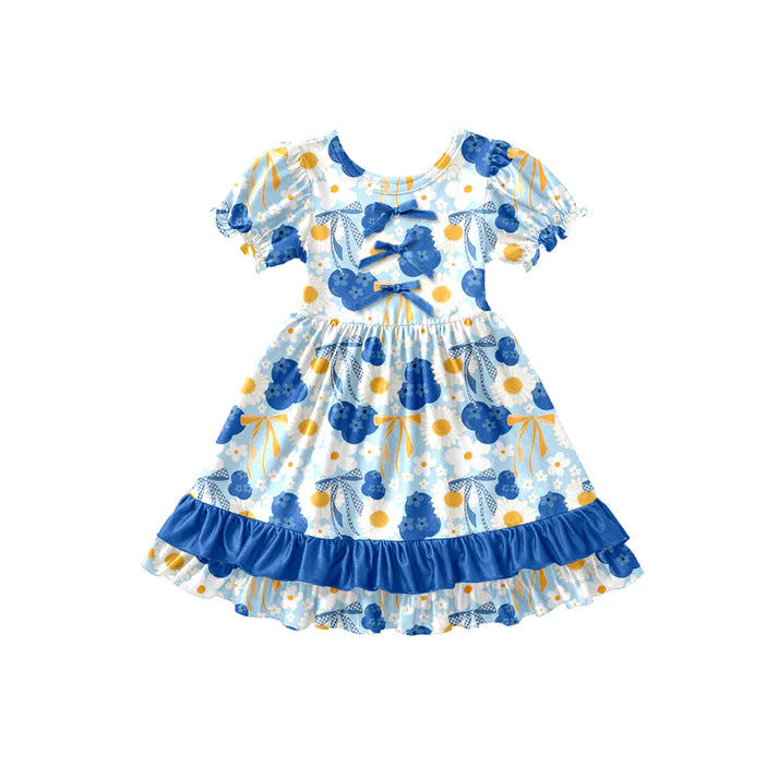 Preorder (moq 5)Baby Girls Daisy Flowers Blueberry Ruffle Knee Length Dresses 12.27