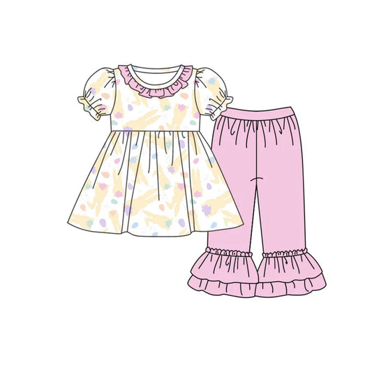 Preorder (moq 8)Baby Girls Yellow Rabbits Tunic Ruffle Pants Easter Clothes Set 9.15