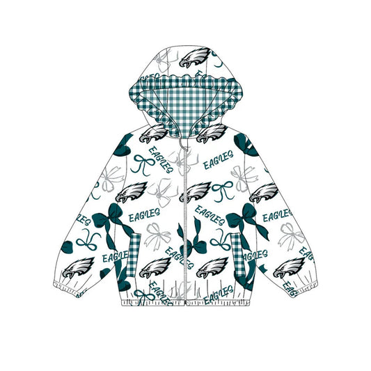 Preorder(moq 5)Baby Girls Green Bows Eagles Pockets Zipper Team Ruffle Hoodies Jackets 10.13