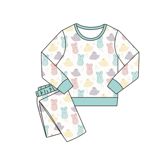 Preorder(moq 5) Baby Girls Colorful Chicks Rabbits Pants Easter Pajamas Sets 11.10
