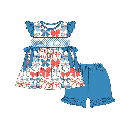 Preorder moq 5 Baby Girls Blue Flutter Sleeves Blue Red Bows Tunic Ruffle Short 4th Of July Set 4.23