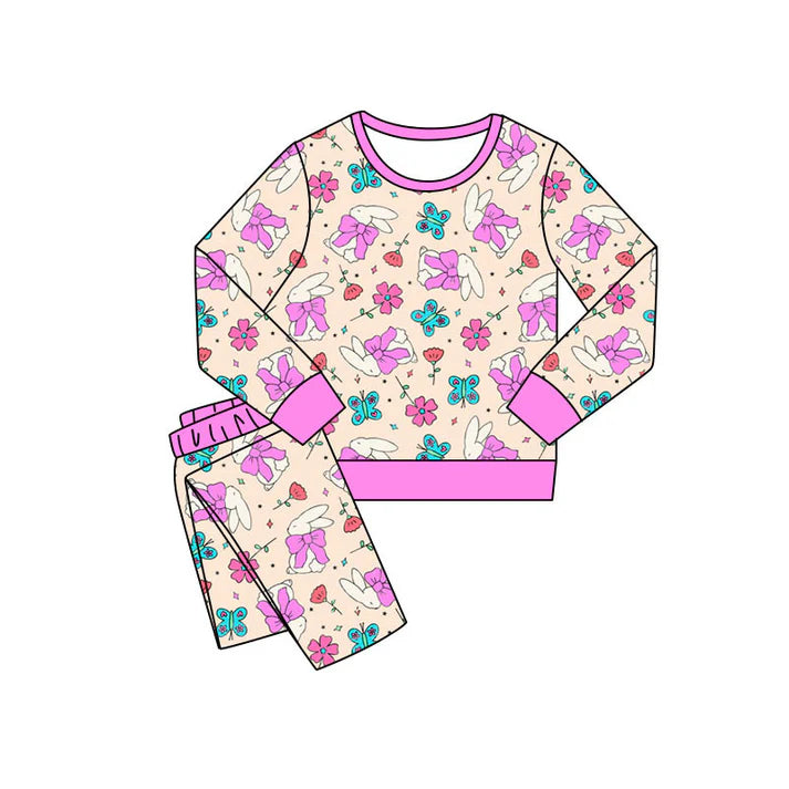 Preorder(moq 5) Baby Girls Butterfly Rabbits Pants Easter Pajamas Sets 11.10