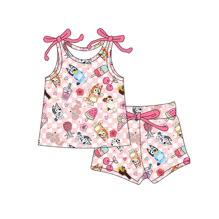 Preorder moq 5 Baby Girls Bows Sleeveless Cartoon Dogs Popsicle Top Short Set 4.17