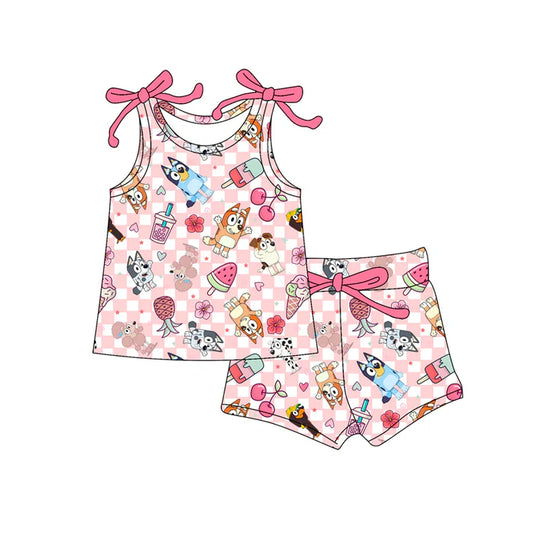 Preorder moq 5 Baby Girls Bows Sleeveless Cartoon Dogs Popsicle Top Short Set 4.17