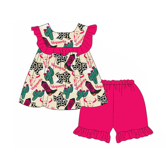 Preorder (moq 5)Baby Girls Pink Sleeveless Boots Cactus Tunic Ruffle Short Set 5.15