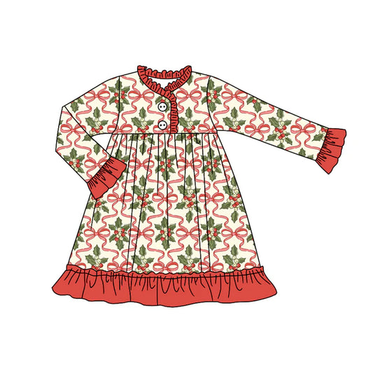 Preorder(moq 5) Baby Girls Long Ruffle Sleeves Red Bows Holly Plaid Button Knee Length Dresses 7.24