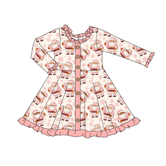Preorder (moq 5)Baby Girls Peach Long Sleeves Santa Snowflake Button Ruffle Knee Length Dresses 5.29