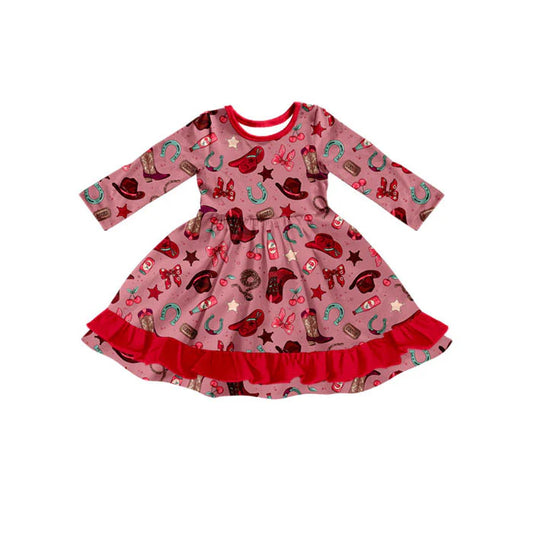 Preorder(moq 5) Baby Girls Red Stars Boots Hats Western Ruffle Knee Length Dresses 10.23