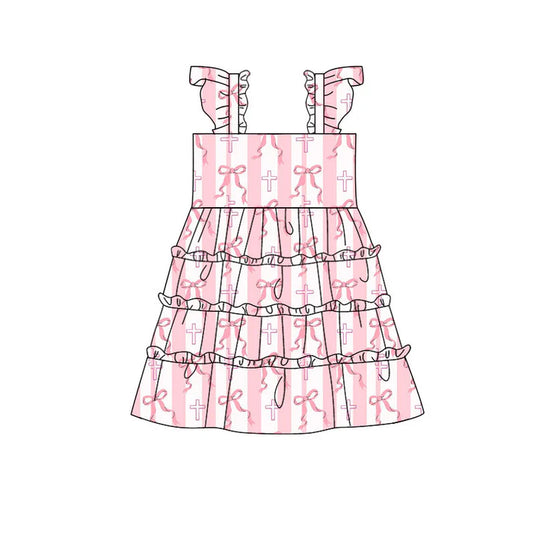 Preorder(moq 5) Baby Girls Pink Bows Crosses Easter Patchwork Knee Length Dresses 10.29