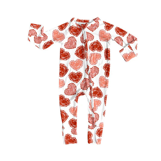 Preorder (moq 8)Baby Girls Pink Hearts Plaid Valentine Zipper Footie Rompers 9.30