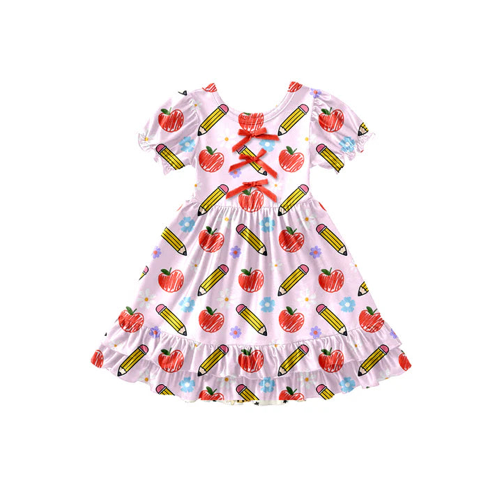 Preorder (moq 5)Baby Girls Apple Pencil Bows Back to School Ruffle Knee Length Dresses 12.26