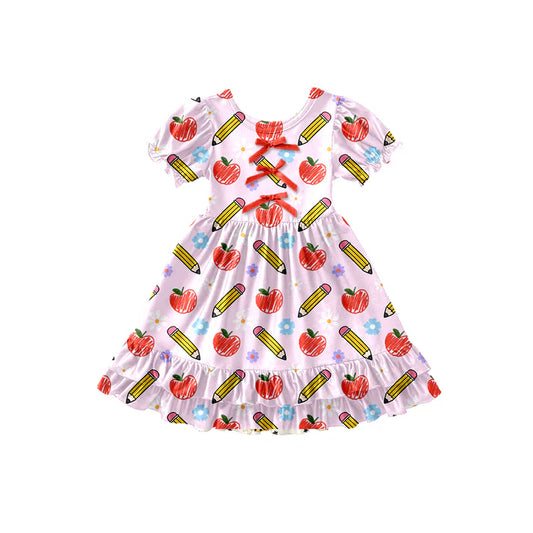 Preorder (moq 5)Baby Girls Apple Pencil Bows Back to School Ruffle Knee Length Dresses 12.26