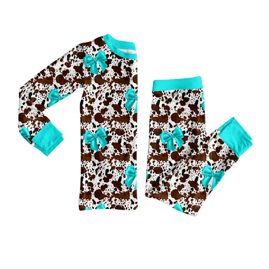 Preorder (moq 5)Baby Girls Cow Print Bows Top Pants Pajamas Set 8.1
