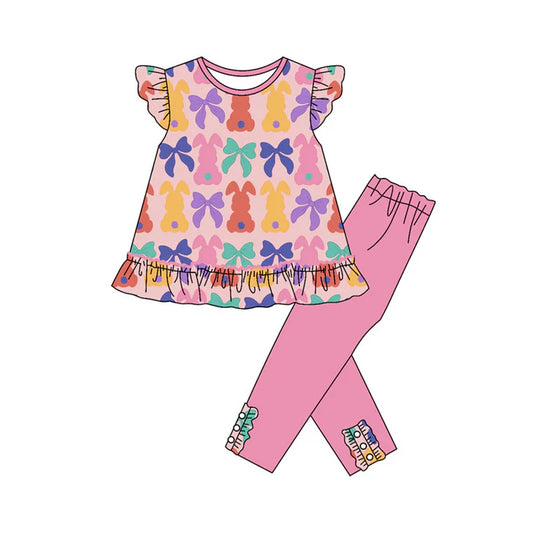 Preorder (moq 8)Baby Girls Colorful Bows Rabbits Tunic Leggings Easter Clothes Sets 9.17