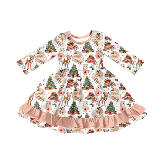 Preorder (moq 5)Baby Girls Long Sleeves Santa Deer Trees Plaid Ruffle Knee Length Dresses 7.1