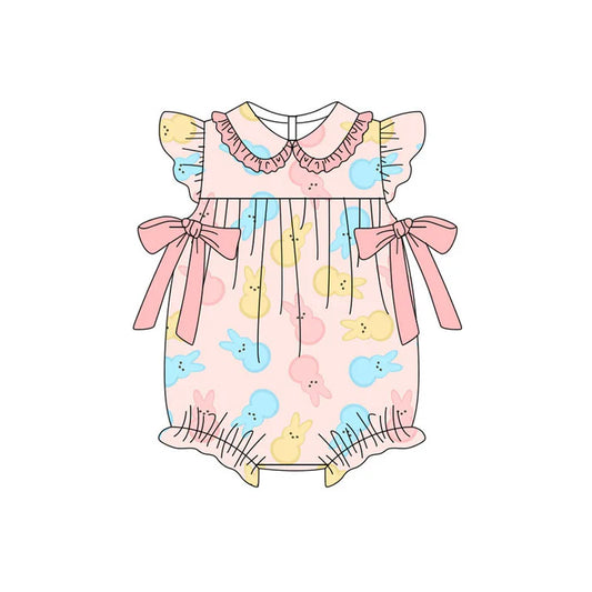 Preorder (moq 5)Baby Girls Flutter Sleeve Colorful Rabbits Bows Easter Ruffle Rompers 11.11