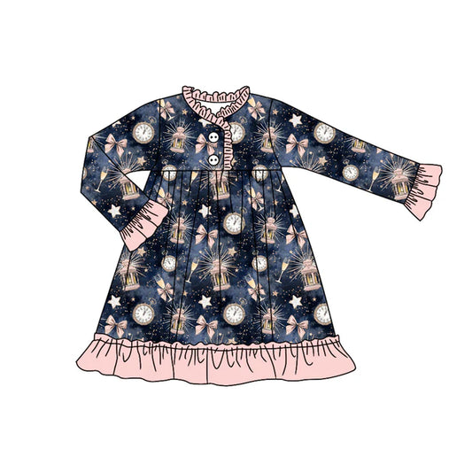 Preorder (moq 5)Baby Girls Long Sleeves Hot Blue Bows Stars Plaid Ruffle Button Knee Length Dress 7.28