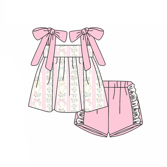 Preorder(moq 5) Baby Girls Pink Strap Bows Flowers Stripe Tunic Ruffle Shorts Clothes Sets 10.21