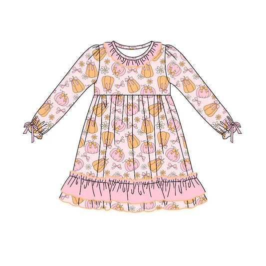 Preorder moq 5 Baby Girls Long Ruffle Sleeves Pink Bows Pumpkins Knee Length Dresses 5.7