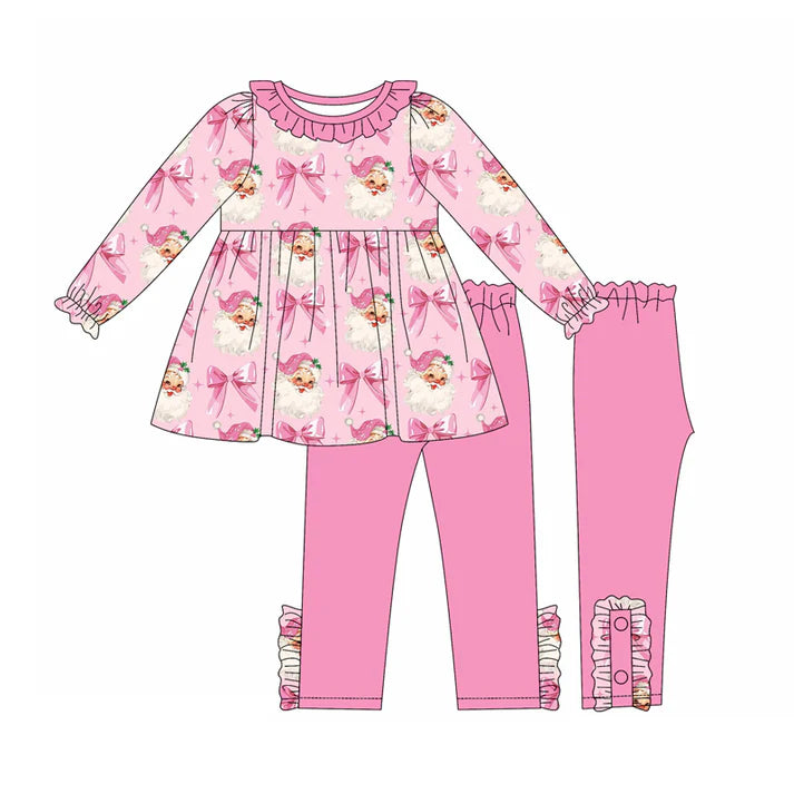 Preorder (moq 5)Baby Girls Pink Long Ruffle Sleeves Bows Santa Tunic Leggings Pant Set 6.3