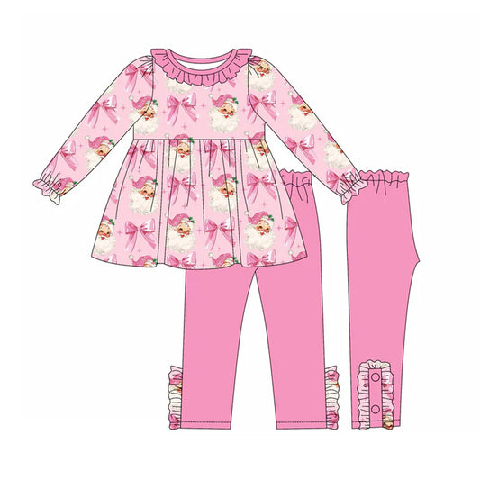 Preorder (moq 5)Baby Girls Pink Long Ruffle Sleeves Bows Santa Tunic Leggings Pant Set 6.3