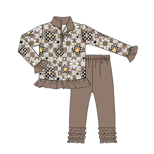 preorder(moq 5) Baby Girls Long Ruffle Sleeves Flowers Plaid Zipper Top Legging Pants Set 7.25